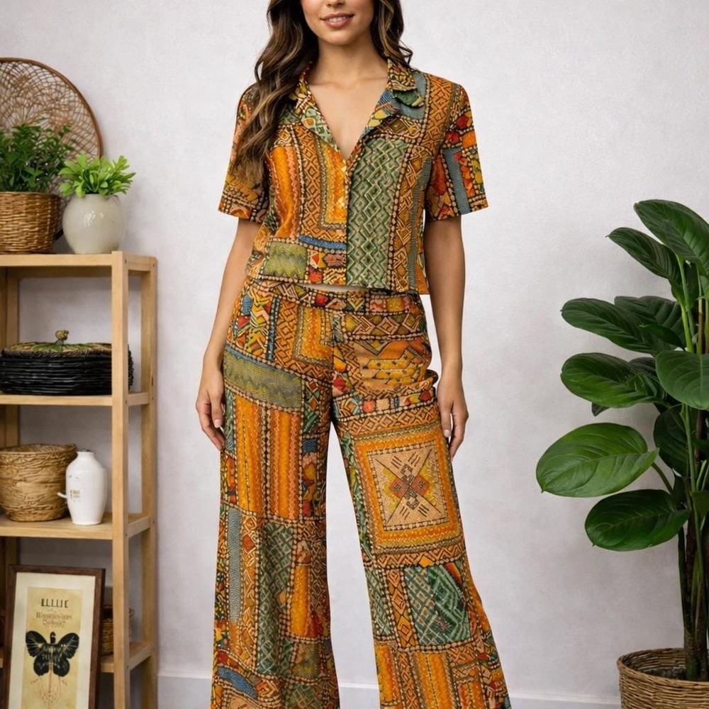 Haute Hippie Patchwork Matching Set Button Front Top Wide Leg Pants 2 Piece Set